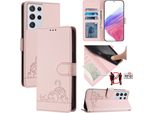 Custodia In Pelle Per Samsung Galaxy S21 Ultra 5G, Dolce Gatto Custodia Flip Con Funzione Stand E Portafoglio Rosa