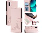 Custodia In Pelle Per Xiaomi Redmi 9A, Dolce Gatto Custodia Flip Con Funzione Stand E Portafoglio Rosa