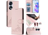 Custodia In Pelle Per Honor 70 Pro, Dolce Gatto Custodia Flip Con Funzione Stand E Portafoglio Rosa