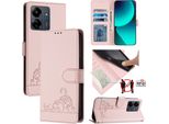 Custodia In Pelle Per Xiaomi Redmi 13C /Poco C65/Poco M6 5G, Dolce Gatto Flip Case Con Funzione Stand E Portafoglio Rosa