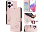 Custodia In Pelle Per Xiaomi Redmi 13 / Note 13R, Dolce Gatto Flip Case Con Funzione Stand E Portafoglio Rosa