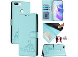 Custodia In Pelle Per Honor 9 Lite, Dolce Gatto Custodia Flip Con Funzione Stand E Portafoglio Verde Chiaro