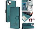 Custodia In Pelle Per Iphone 14 Plus, Dolce Gatto Custodia Flip Con Funzione Stand E Portafoglio Verde