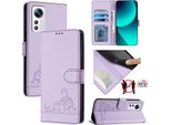 Custodia In Pelle Per Xiaomi 12/Xiaomi 12X/Xiaomi 12S, Dolce Gatto Flip Case Con Funzione Stand E Portafoglio Viola