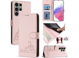 Custodia In Pelle Per Samsung Galaxy S23 Ultra, Dolce Gatto Custodia Flip Con Funzione Stand E Portafoglio Rosa