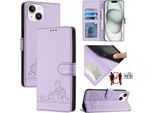 Custodia In Pelle Per Iphone 13 / Iphone 14, Dolce Gatto Custodia Flip Con Funzione Stand E Portafoglio Viola