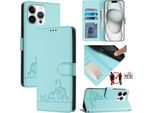 Custodia In Pelle Per Iphone 15 Pro Max, Dolce Gatto Custodia Flip Con Funzione Stand E Portafoglio Verde Chiaro