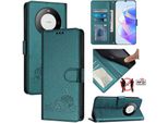 Custodia In Pelle Per Huawei Mate 60 Pro/Mate 60 Pro+, Dolce Gatto Custodia Flip Con Funzione Stand E Portafoglio Verde