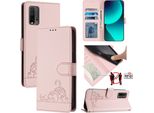 Custodia In Pelle Per Xiaomi Poco M3 /Redmi 9T, Dolce Gatto Flip Case Con Funzione Stand E Portafoglio Rosa