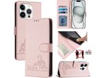 Custodia In Pelle Per Iphone 14 Pro, Dolce Gatto Custodia Flip Con Funzione Stand E Portafoglio Rosa