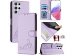 Custodia In Pelle Per Samsung Galaxy S22 Ultra 5G, Dolce Gatto Custodia Flip Con Funzione Stand E Portafoglio Viola