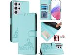 Custodia In Pelle Per Samsung Galaxy S21 Ultra 5G, Dolce Gatto Custodia Flip Con Funzione Stand E Portafoglio Verde Chiaro