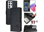Custodia In Pelle Per Samsung Galaxy S21 Ultra 5G, Dolce Gatto Custodia Flip Con Funzione Stand E Portafoglio Nero