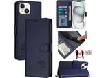 Custodia In Pelle Per Iphone 13 / Iphone 14, Dolce Gatto Custodia Flip Con Funzione Stand E Portafoglio Blu