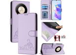 Custodia In Pelle Per Honor X9B / Magic6 Lite, Dolce Gatto Custodia Flip Con Funzione Stand E Portafoglio Viola
