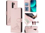 Custodia In Pelle Per Xiaomi Redmi 9, Dolce Gatto Custodia Flip Con Funzione Stand E Portafoglio Rosa
