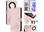 Custodia In Pelle Per Honor X9A / Magic5 Lite, Dolce Gatto Custodia Flip Con Funzione Stand E Portafoglio Rosa