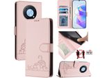 Custodia In Pelle Per Huawei Nova Y90, Dolce Gatto Custodia Flip Con Funzione Stand E Portafoglio Rosa