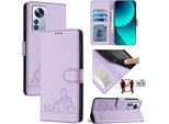 Custodia In Pelle Per Xiaomi 12 Pro/Xiaomi 12S Pro, Dolce Gatto Custodia Flip Con Funzione Stand E Portafoglio Viola