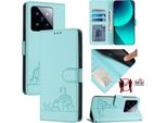 Custodia In Pelle Per Xiaomi 14 Pro, Dolce Gatto Custodia Flip Con Funzione Stand E Portafoglio Verde Chiaro