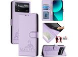Custodia In Pelle Per Xiaomi Poco X4 Pro 5G, Dolce Gatto Custodia Flip Con Funzione Stand E Portafoglio Viola