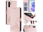 Custodia In Pelle Per Huawei P30 Pro, Dolce Gatto Custodia Flip Con Funzione Stand E Portafoglio Rosa