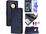 Custodia In Pelle Per Honor X9B / Magic6 Lite, Dolce Gatto Custodia Flip Con Funzione Stand E Portafoglio Blu