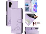 Custodia In Pelle Per Huawei P30 Pro, Dolce Gatto Custodia Flip Con Funzione Stand E Portafoglio Viola