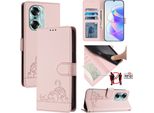 Custodia In Pelle Per Honor 60, Dolce Gatto Custodia Flip Con Funzione Stand E Portafoglio Rosa