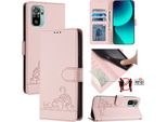Custodia In Pelle Per Xiaomi Redmi Note 10S / Note 10 4G / Poco M5S, Dolce Gatto Custodia Flip Con Funzione Di Stand E Portafoglio Rosa