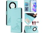 Custodia In Pelle Per Honor X9A / Magic5 Lite, Dolce Gatto Custodia Flip Con Funzione Stand E Portafoglio Verde Chiaro