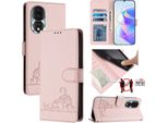 Custodia In Pelle Per Honor 80, Dolce Gatto Custodia Flip Con Funzione Stand E Portafoglio Rosa