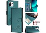 Custodia In Pelle Per Xiaomi 11 Lite 5G Ne/Mi 11 Lite/Mi 11 Lite 5G, Dolce Gatto Custodia Flip Con Funzione Stand E Portafoglio Verde