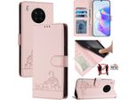 Custodia In Pelle Per Huawei Nova 8I/Honor 50 Lite, Dolce Gatto Custodia Flip Con Funzione Stand E Portafoglio Rosa