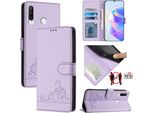 Custodia In Pelle Per Huawei P30 Lite, Dolce Gatto Custodia Flip Con Funzione Stand E Portafoglio Viola