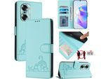 Custodia In Pelle Per Honor 60, Dolce Gatto Custodia Flip Con Funzione Stand E Portafoglio Verde Chiaro