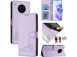 Custodia In Pelle Per Huawei Nova 8I/Honor 50 Lite, Dolce Gatto Custodia Flip Con Funzione Stand E Portafoglio Viola