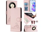 Custodia In Pelle Per Honor X9B / Magic6 Lite, Dolce Gatto Custodia Flip Con Funzione Stand E Portafoglio Rosa