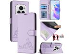 Custodia In Pelle Per Honor Magic6 Pro, Dolce Gatto Custodia Flip Con Funzione Stand E Portafoglio Viola