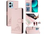 Custodia In Pelle Per Xiaomi Redmi Note 12 4G, Dolce Gatto Custodia Flip Con Funzione Stand E Portafoglio Rosa