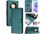 Custodia In Pelle Per Honor X9B / Magic6 Lite, Dolce Gatto Custodia Flip Con Funzione Stand E Portafoglio Verde