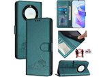 Custodia In Pelle Per Honor X9A / Magic5 Lite, Dolce Gatto Custodia Flip Con Funzione Stand E Portafoglio Verde