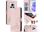 Custodia In Pelle Per Honor Magic6 Pro, Dolce Gatto Custodia Flip Con Funzione Stand E Portafoglio Rosa