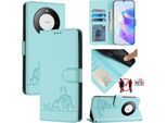 Custodia In Pelle Per Huawei Mate 60 Pro/Mate 60 Pro+, Dolce Gatto Custodia Flip Con Funzione Stand E Portafoglio Verde Chiaro