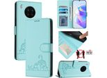 Custodia In Pelle Per Huawei Nova 8I/Honor 50 Lite, Dolce Gatto Custodia Flip Con Funzione Stand E Portafoglio Verde Chiaro