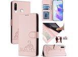 Custodia In Pelle Per Huawei P30 Lite, Dolce Gatto Custodia Flip Con Funzione Stand E Portafoglio Rosa