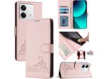 Custodia In Pelle Per Xiaomi Redmi Note 13 5G, Dolce Gatto Flip Case Con Funzione Stand E Portafoglio Rosa