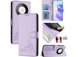 Custodia In Pelle Per Huawei Mate 60 Pro/Mate 60 Pro+, Dolce Gatto Custodia Flip Con Funzione Stand E Portafoglio Viola