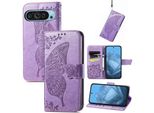 Per Google Pixel 9 / 9 Pro Custodia In Ecopelle Portafoglio Telefono Cellulare Farfalla Design Cover Casi Viola Chiaro