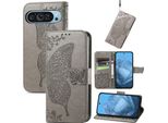 Per Google Pixel 9 / 9 Pro Custodia In Ecopelle Per Telefono Cellulare Con Design A Farfalla Grigio